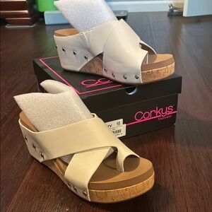Corkys Ivory Wedge Sandals with Modern Comfort